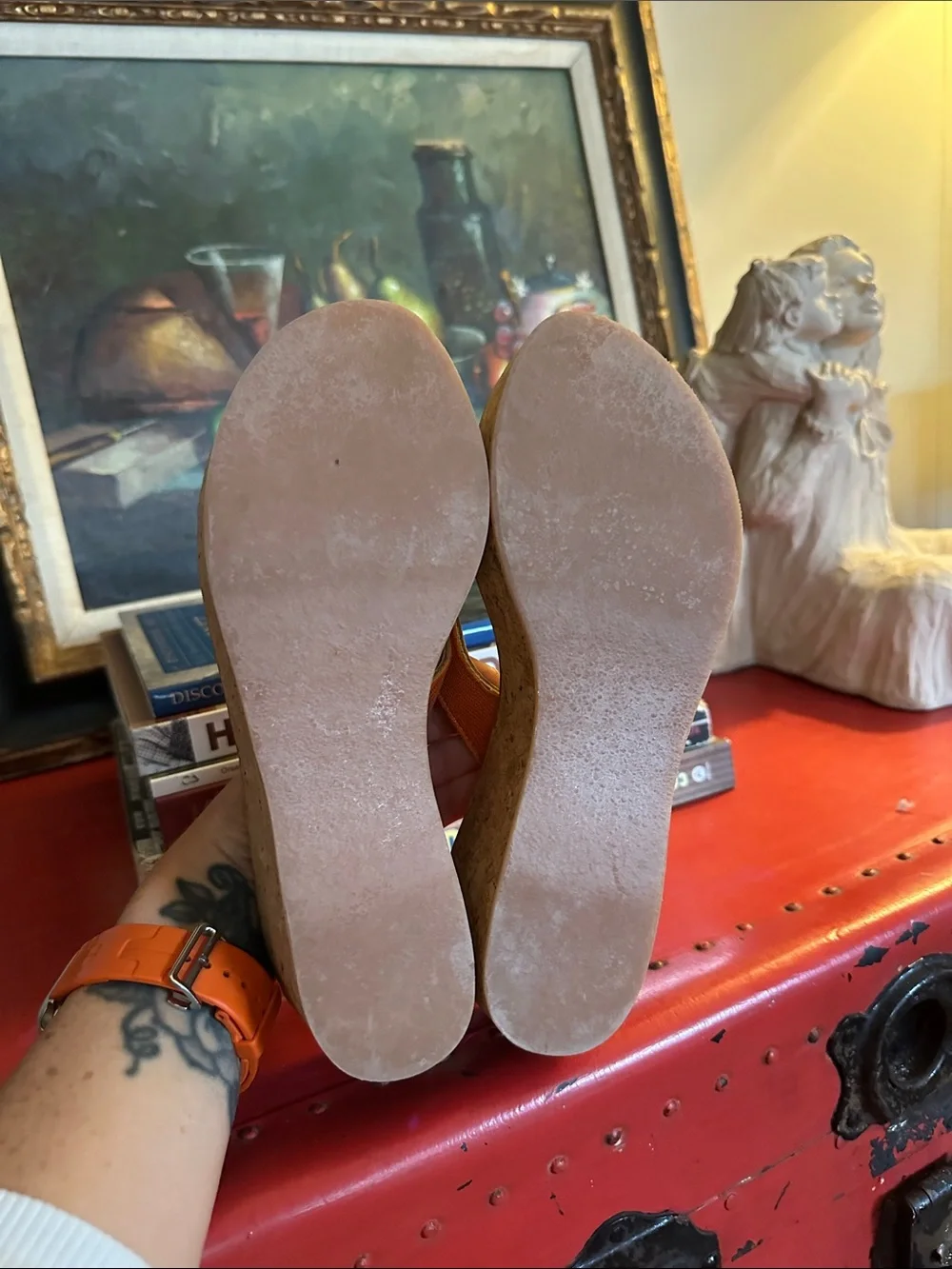 K.Jacques Orange Snake Cork Wedge Thong Sandals